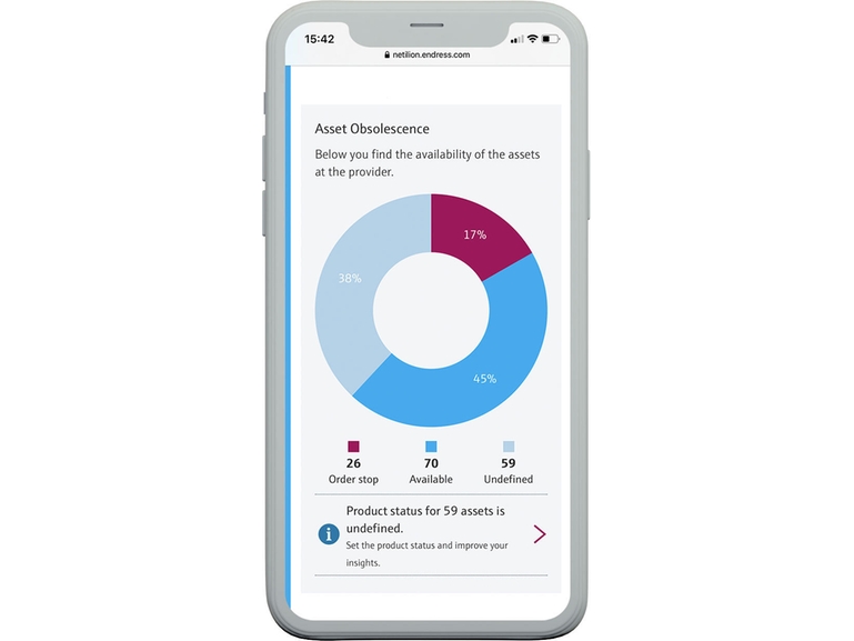 Netilion Analytics: snímek obrazovky mobilu zobrazení životního cyklu zařízení.