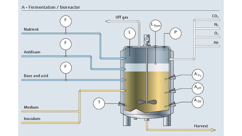 Výchozí proces fermentace v bioreaktoru se všemi jeho relevantními místy měření