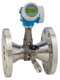 Obrázek vírového průtokoměru Prowirl R 200 s nainstalovanou jednotkou na měření tlaku pro plyny a kapaliny
