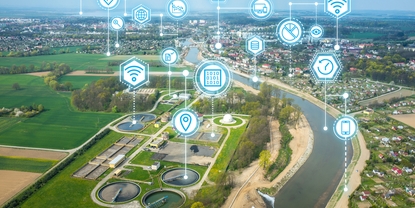 Dashboard of Netilion Network Insights in front of a water reservoir