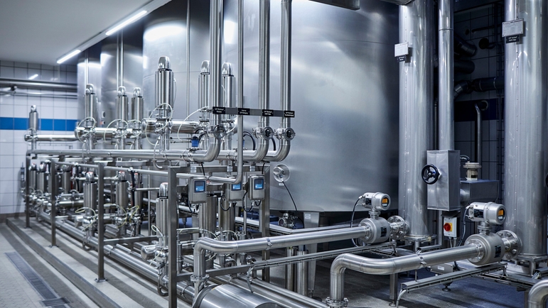Endress+Hauser electromagnetic flowmeters installed in a hygienic application in the food industry.