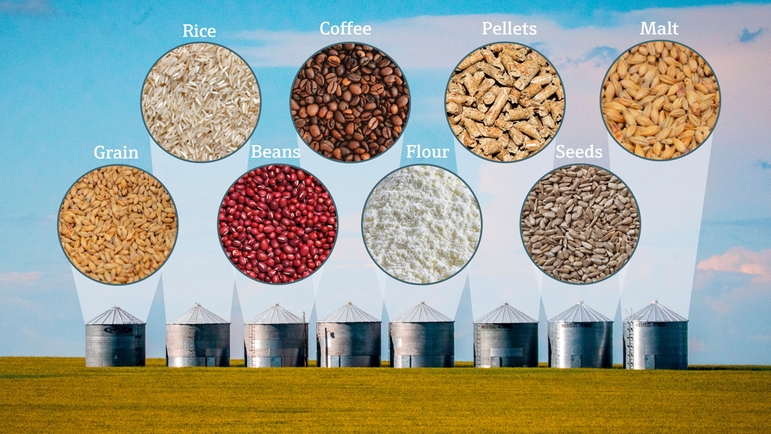 Potravinářské silo s ukázkovými ekologickými produkty, které lze skladovat