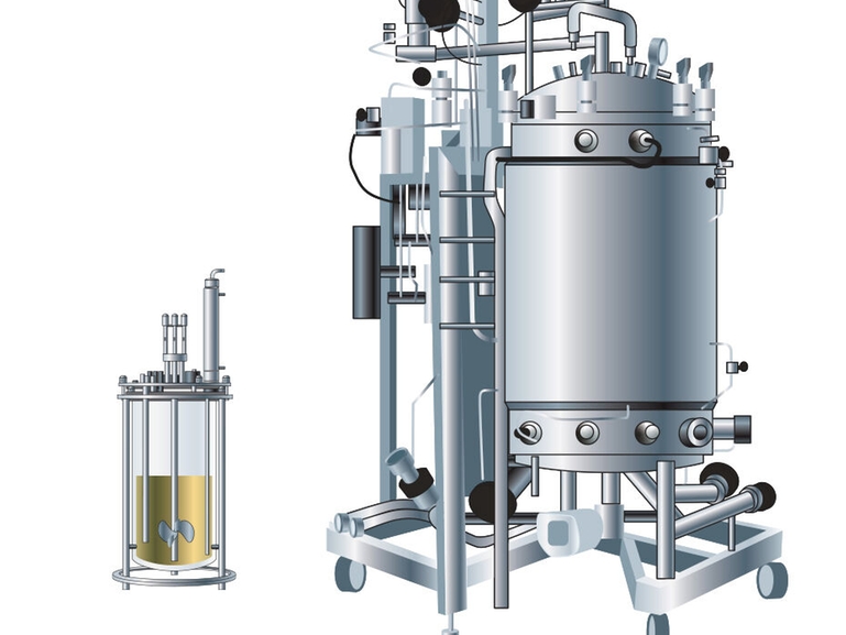 Ilustrace zobrazující procesní vývojový bioreaktor a produkční bioreaktor